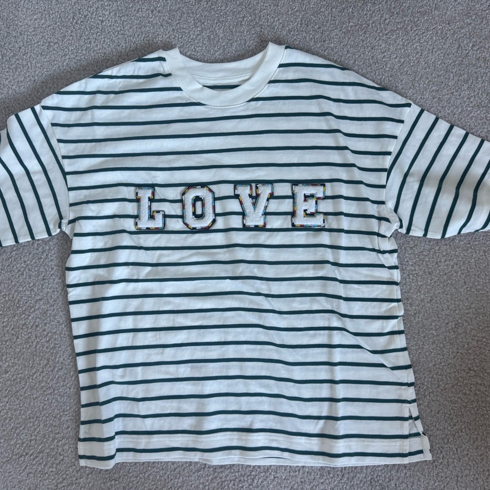 Customize Beaded Green Striped Shirt with 'LOVE' felt letter appliqué Muji Tee